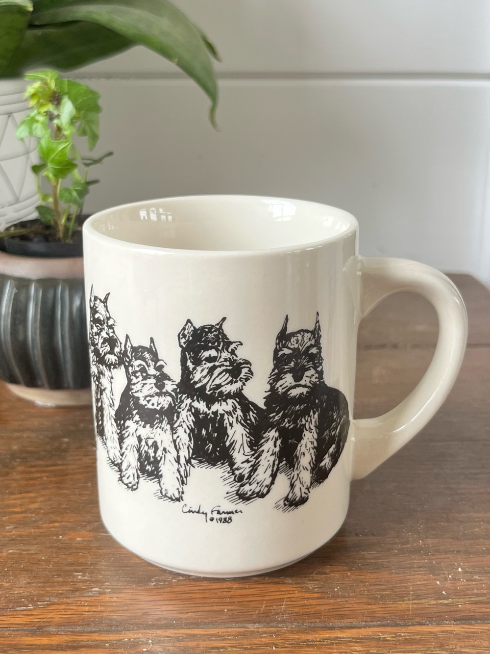 vintage porcelain mug, Schnauzer dogs illustration by artist Cindy Farmer